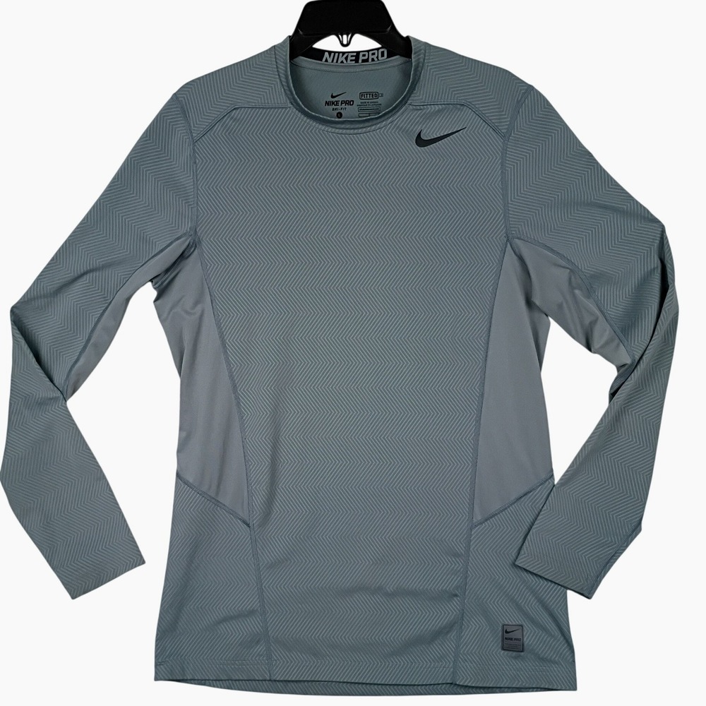 Nike Pro Dri-FIT Top Mens Large Gray Chevron Textured Long Sleeve Fitted Shirt